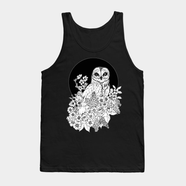 Owl Floral Eclipse - Black and White Tank Top by Plaguedog